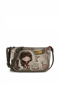 Borsa a tracolla multicolore in materiale sintetico, con grafica a cartone animato, testo "Know Yourself" e tracolla rimovibile.