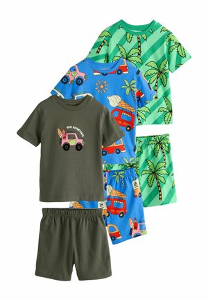 Barns pyjamas-set med två kortärmade tröjor i grönt och blått med tropiska mönster och två par matchande shorts.