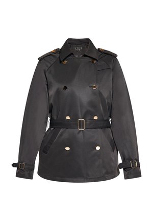 Trench coat nero realizzato in tessuto morbido, con chiusura doppiopetto a bottoni dorati, vita con cintura e spalline sulle spalle.