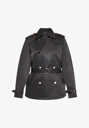 Palton negru, dintr-un material neted, cu închidere cu butoane aurii la două rânduri, talie cu curea și epoleți pe umeri.