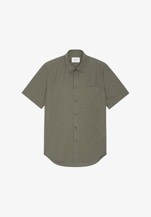 Short-sleeve olive green button-up shirt with chest pocket and classic collar, laid flat on a white background.