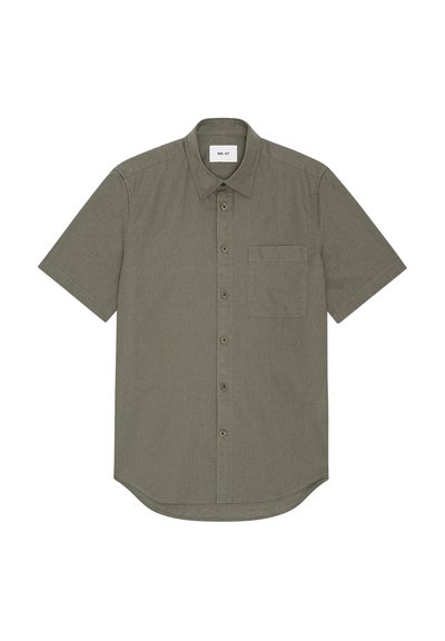 Short-sleeve olive green button-up shirt with chest pocket and classic collar, laid flat on a white background.