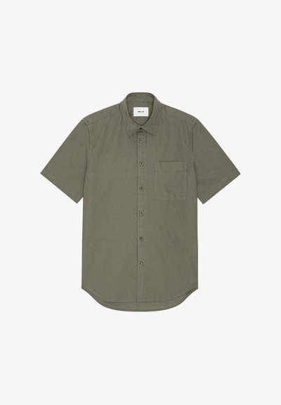 Short-sleeve olive green button-up shirt with chest pocket and classic collar, laid flat on a white background.