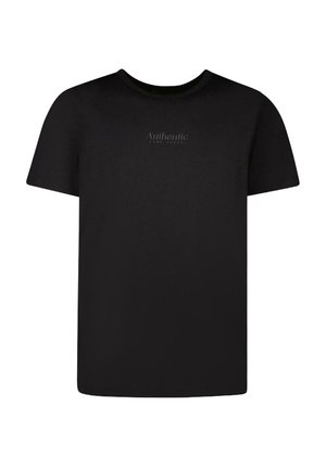 Zwarte katoenen t-shirt met korte mouwen, ronde hals en subtiele "Authentic" logo op de voorkant. Glad textuur, klassieke pasvorm.