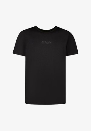 Zwarte katoenen t-shirt met korte mouwen, ronde hals en subtiele "Authentic" logo op de voorkant. Glad textuur, klassieke pasvorm.
