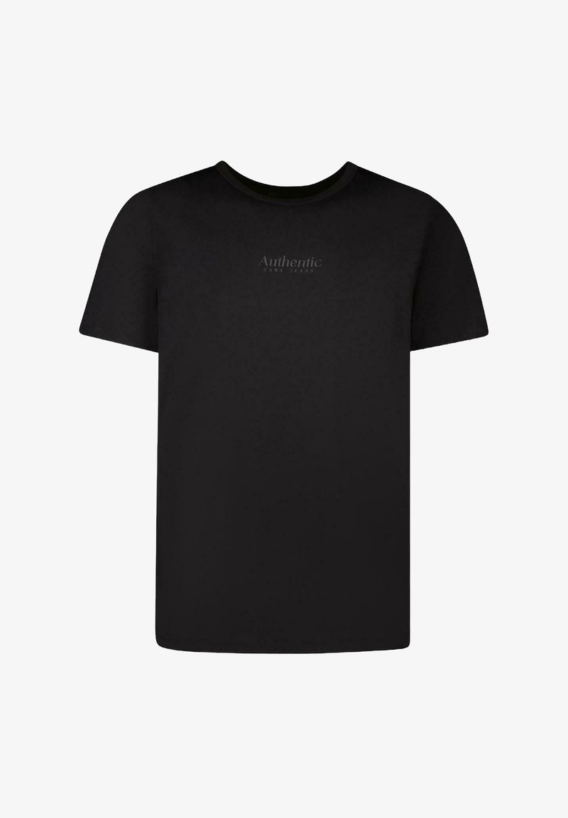 Zwarte katoenen t-shirt met korte mouwen, ronde hals en subtiele "Authentic" logo op de voorkant. Glad textuur, klassieke pasvorm.
