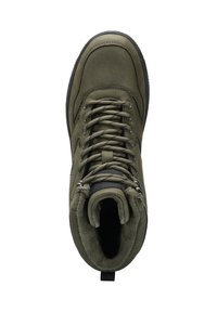 Grüner wasserdichter Wanderschuh mit gepolstertem Kragen, Metallösen und Textilmaterial. Verfügt über eine Gummisohle für gute Traktion.