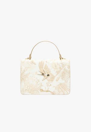Borsa bianca con motivo floreale e uccelli beige, chiusura a forma di uccello color oro, manico superiore e logo "Coccodrillo" al centro in basso.