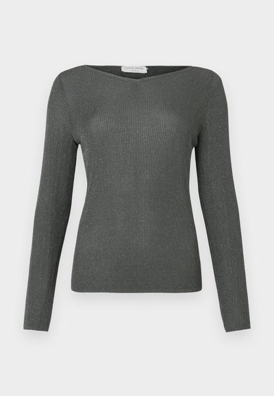 Ilgi piedurkņu, ribota augšdaļa tumši pelēkā krāsā ar vieglu spīdumu, ar plašu laivu formas kakla izgriezumu un pieguļošu siluetu.