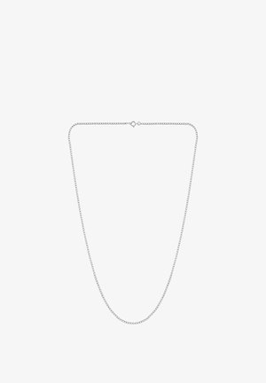 Silver-toned metal chain necklace featuring a delicate, round link design. Clasp closure at the back. Length suitable for layering.