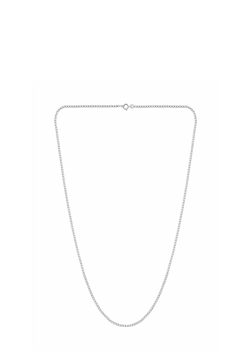 Náhrdelník z kovového reťazca v striebornej farbe, ktorý má jemný, okrúhly článkový dizajn. Zapínanie na karabínu vzadu. Dĺžka vhodná na vrstvenie.