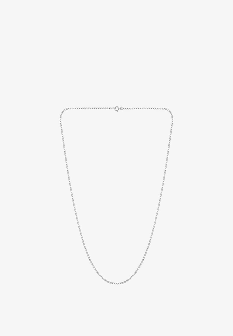 Náhrdelník z kovového reťazca v striebornej farbe, ktorý má jemný, okrúhly článkový dizajn. Zapínanie na karabínu vzadu. Dĺžka vhodná na vrstvenie.
