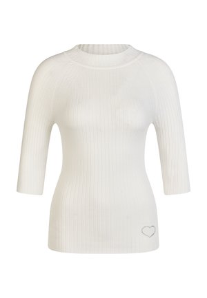 White ribbed knit sweater with three-quarter sleeves and a small heart design near the hem on the left side.