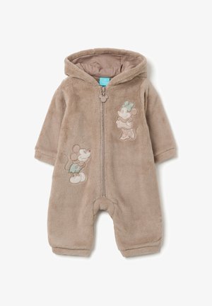 Zacht beige babyrompertje met kap, een rits aan de voorkant en geborduurde Mickey en Minnie Mouse ontwerpen op de borst en het been.