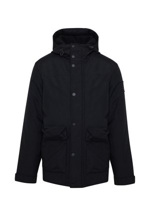 Schwarze isolierte Jacke mit Kapuze, ausgestattet mit einem Reißverschluss, Druckknöpfen und zwei Fronttaschen. Glatte Textur, minimalistisches Design.