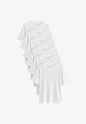 Five white crew-neck t-shirts made of cotton, featuring short sleeves and a straight hem, with a simple design and minimal branding.