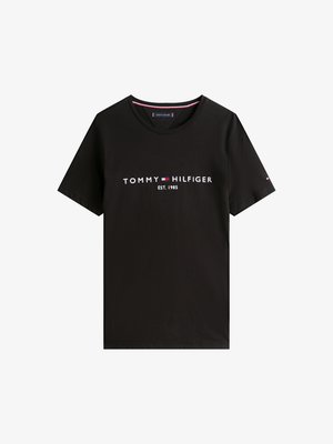Črna bombažna majica s kratkimi rokavi, okroglo ovratnikom in sprednjim napisom z logotipom "TOMMY HILFIGER EST. 1985" v beli in rdeči barvi.