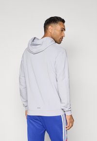Hoodie grigio chiaro con cappuccio regolabile, maniche lunghe e vestibilità rilassata, abbinato a pantaloni sportivi blu con strisce bianche.