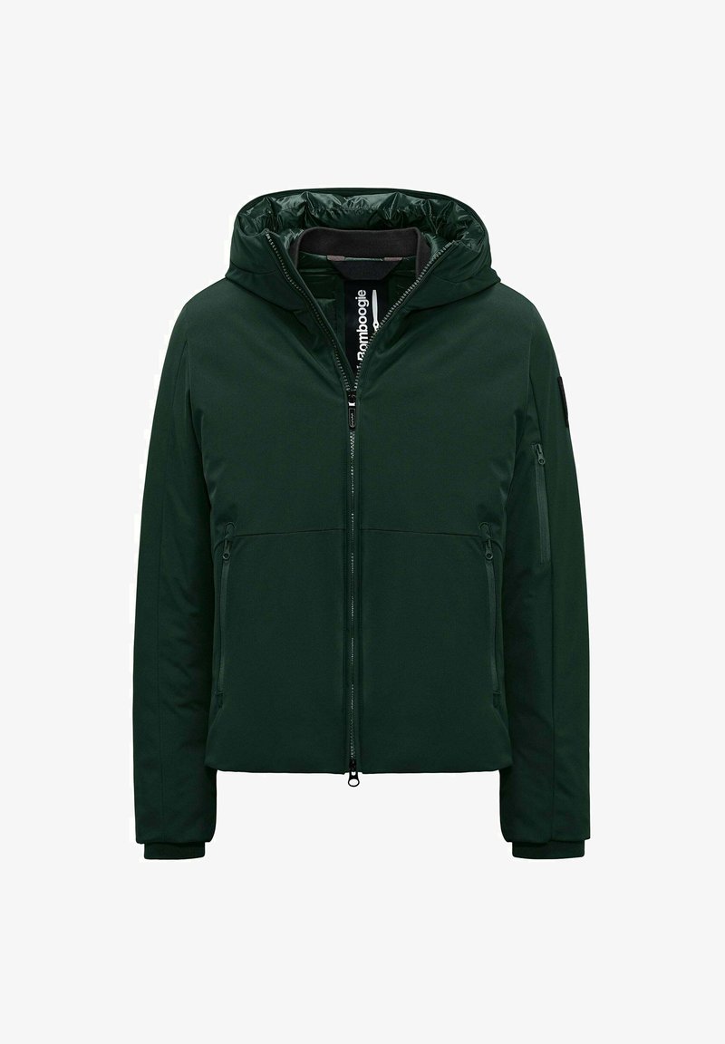 Giacca isolata verde scuro con cappuccio, zip frontale, due tasche laterali e fodera interna trapuntata per maggiore calore. Texture del tessuto liscia.