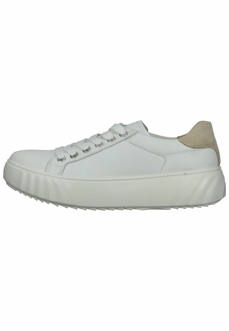Sneakers en cuir blanc avec une surface texturée, bout rond, lacets plats et un accent en daim beige au niveau du talon. Semelle épaisse et striée pour une meilleure traction.