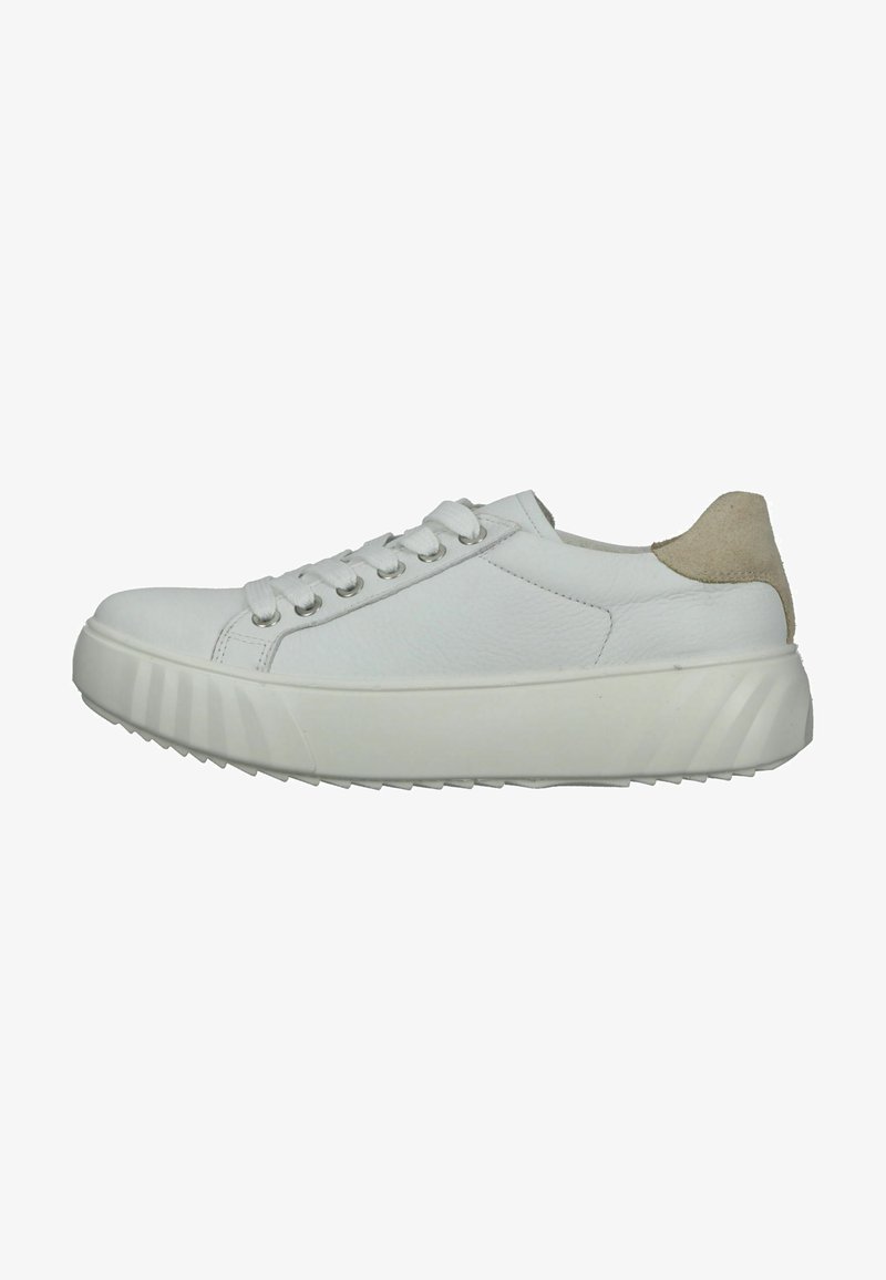 Weiße Leder Sneaker mit strukturierten Oberflächen, runder Zehenpartie, flachen Schnürsenkeln und einem beige Wildlederakzent an der Ferse. Dicke, gerippte Sohle für besseren Halt.