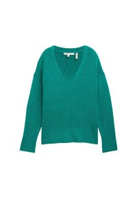 Türkisfarbener Strickpullover mit V-Ausschnitt und langen Ärmeln. Besitzt einen gerippten Saum und Bündchen, die Textur wirkt weich und leicht flauschig.