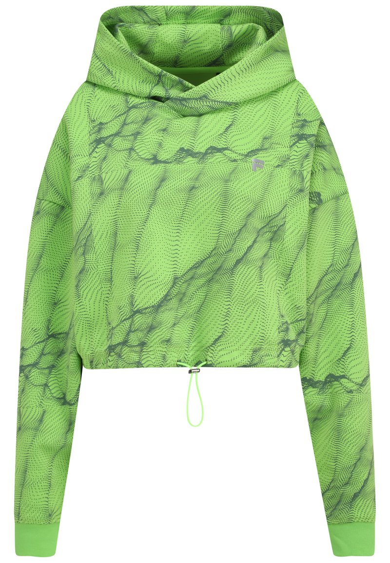 Sudadera corta verde con un patrón texturizado, que presenta un cordón en el dobladillo, mangas largas y capucha, hecha de material suave.