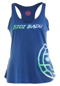 Modrý sportovní bezrukávový top s nápisem "BIDI BADU" v zeleno-modrém gradientu a zakřiveným bílým grafickým designem blízko lemu.