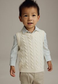 Un gilet crème en tricot avec un motif de torsades superposé à une chemise à rayures bleu clair, assorti à un pantalon kaki.