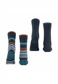 Bunt gemusterte Socken aus Baumwollmix mit abwechselnd horizontalen Streifen in dunkelblau, blaugrün, hellblau, braun und grau.