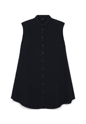 Blusa nera senza maniche con apertura frontale a bottoni, colletto a punte, design svasato e tessuto morbido. Presenta un orlo arrotondato e nessun motivo visibile.