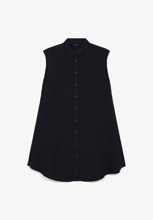 Blouse noire sans manches avec un devant à boutons, un col pointu, un design évasé et un tissu lisse. Présente un ourlet incurvé et sans motif visible.