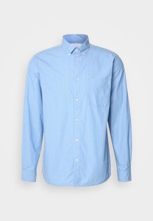 Světle modrá košile na knoflíky s bílými vertikálními pruhy, dlouhými rukávy, jednou náprsní kapsou a límcem na knoflíky. Materiál z bavlněné směsi.
