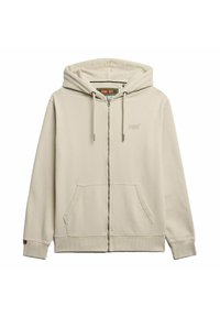 Felpa beige con zip e cappuccio regolabile, due tasche frontali, polsini e fondo a costine. Presenta un logo ricamato sul petto.