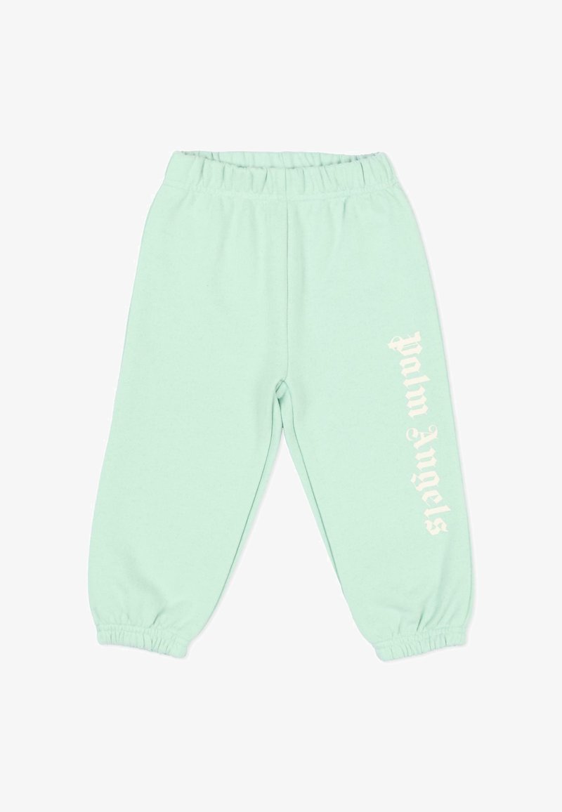 Pantalon de survêtement vert menthe avec taille et poignets élastiques, affichant le texte blanc "Palm Angels" imprimé verticalement sur la jambe droite.