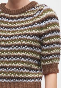 Gros plan d'une personne portant un pull en tricot à manches courtes avec des rayures horizontales marron, vertes, blanches et noires.