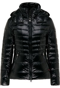 Sort pufferjakke lavet af skinnende, quiltet nylon. Har en høj krave, lynlås lukning og to sidelommer med lynlåse.