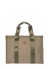 Sac fourre-tout rectangulaire beige avec des poignées vert olive et un petit patch en cuir centré sur le devant.