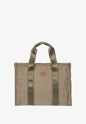 Sac fourre-tout rectangulaire beige avec des poignées vert olive et un petit patch en cuir centré sur le devant.