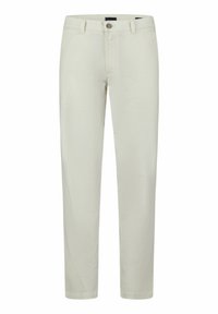 Lichtbeige katoenen broek met een slim fit, voorzien van een knoopsluiting en twee steekzakken. Gladde textuur, recht model.