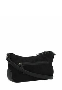 Bolso de hombro de ante negro con forma redondeada, que cuenta con un cierre superior de cremallera y un bolsillo exterior con cremallera. Correa ajustable y detalles suaves.