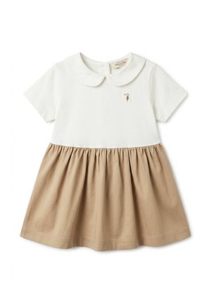 Vestitino corto crema e beige per bimbi piccoli con colletto Peter Pan, maniche corte e piccolo logo ricamato sul petto.