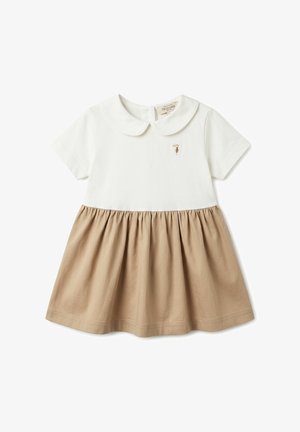 Vestitino corto crema e beige per bimbi piccoli con colletto Peter Pan, maniche corte e piccolo logo ricamato sul petto.