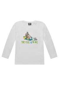 T-shirt à manches longues blanche avec un graphique d'un personnage sur un speeder et le texte "LES ENFANTS AVEC MOI" en lettres colorées.