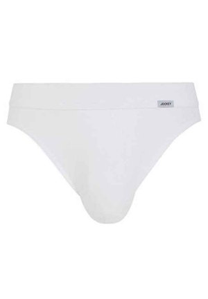 Witte herenonderbroek gemaakt van zachte stof. Voorzien van een gladde tailleband met een klein logo label. Eenvoudig ontwerp zonder patronen of accenten.