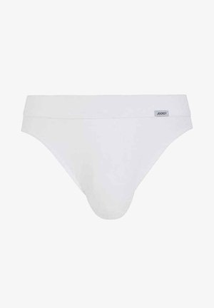 Slip bianchi da uomo realizzati in tessuto morbido. Presentano un elastico in vita liscio con una piccola etichetta del logo. Design semplice senza pattern o dettagli.