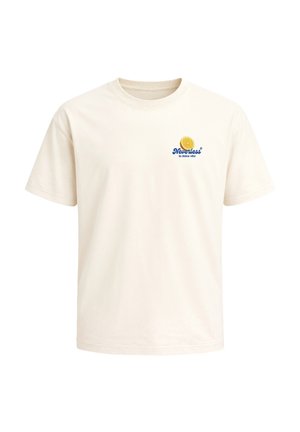 Cream-colored short-sleeve T-shirt with a small lemon graphic and "Nevertheless la dolce vita" text in blue on the left chest.