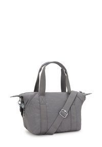 Graue, weiche Stofftasche mit zwei oberen Griffen und einem abnehmbaren Schultergurt; verfügt über Reißverschlussverschlüsse und subtile Stichdetails.
