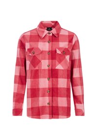 Camicia in flanella a quadri rossi e rosa con maniche lunghe, abbottonatura frontale, due tasche sul petto e colletto a punta. Texture morbida e vestibilità regolare.