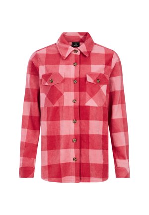 Red and pink plaid flannel shirt with long sleeves, a button-up front, two chest pockets, and a pointed collar. Soft texture and regular fit.